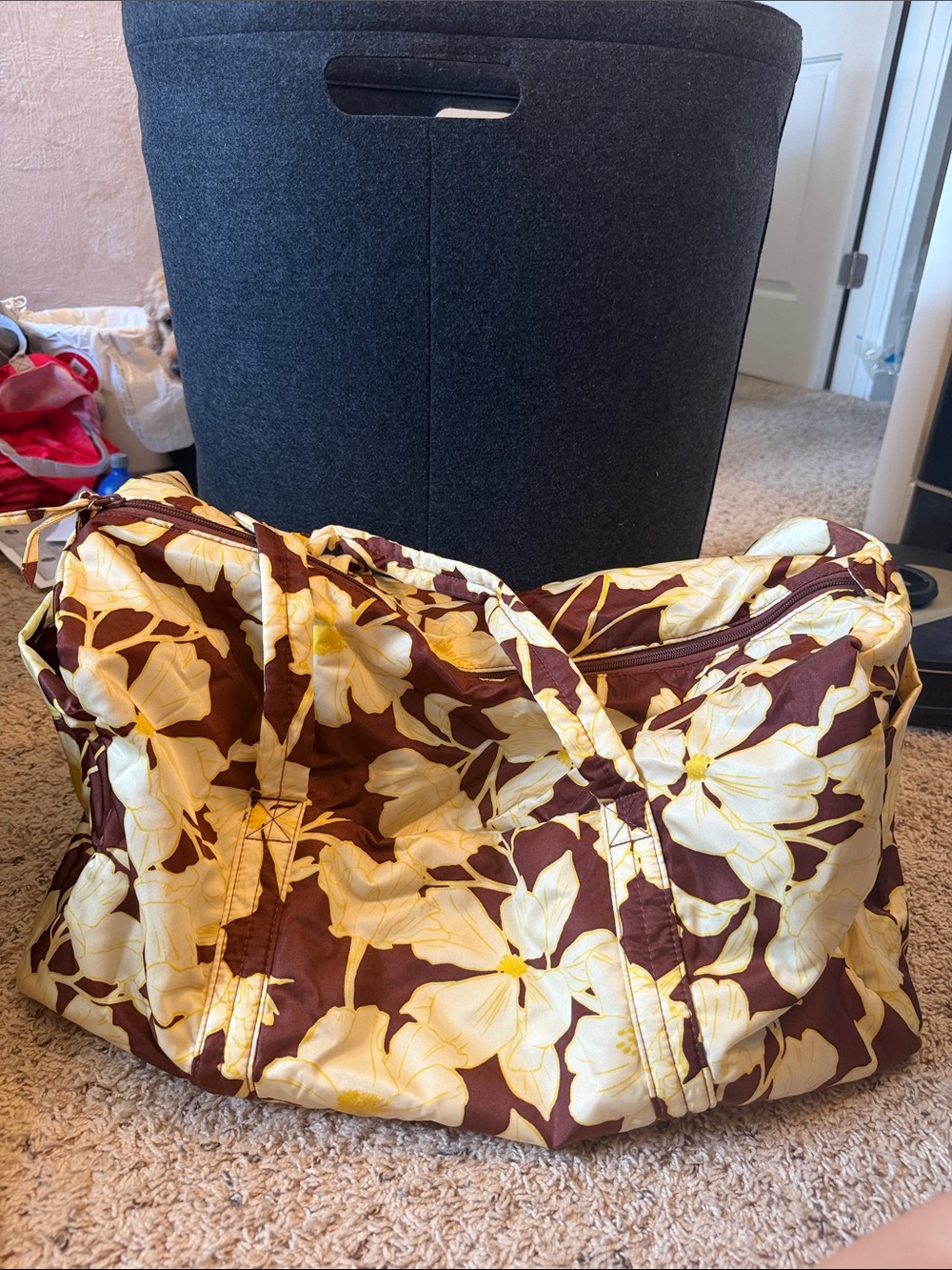 Vera Bradley Brown & Cream Floral Quilted Travel Duffel Bag